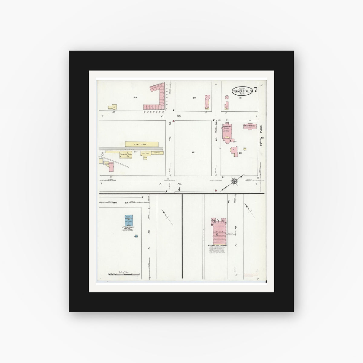 Old map wall art mockup — black gallery frame with white mat — Sanborn Fire Insurance Map from Turners Falls, Franklin County, Massachusetts (1914), Sheet #0007