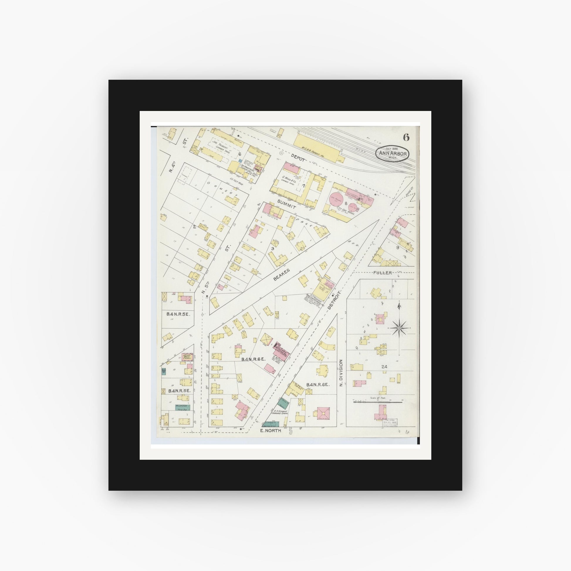 Old map wall art mockup — black gallery frame with white mat — Sanborn Fire Insurance Map from Ann Arbor, Washtenaw County, Michigan (1892), Sheet #0006