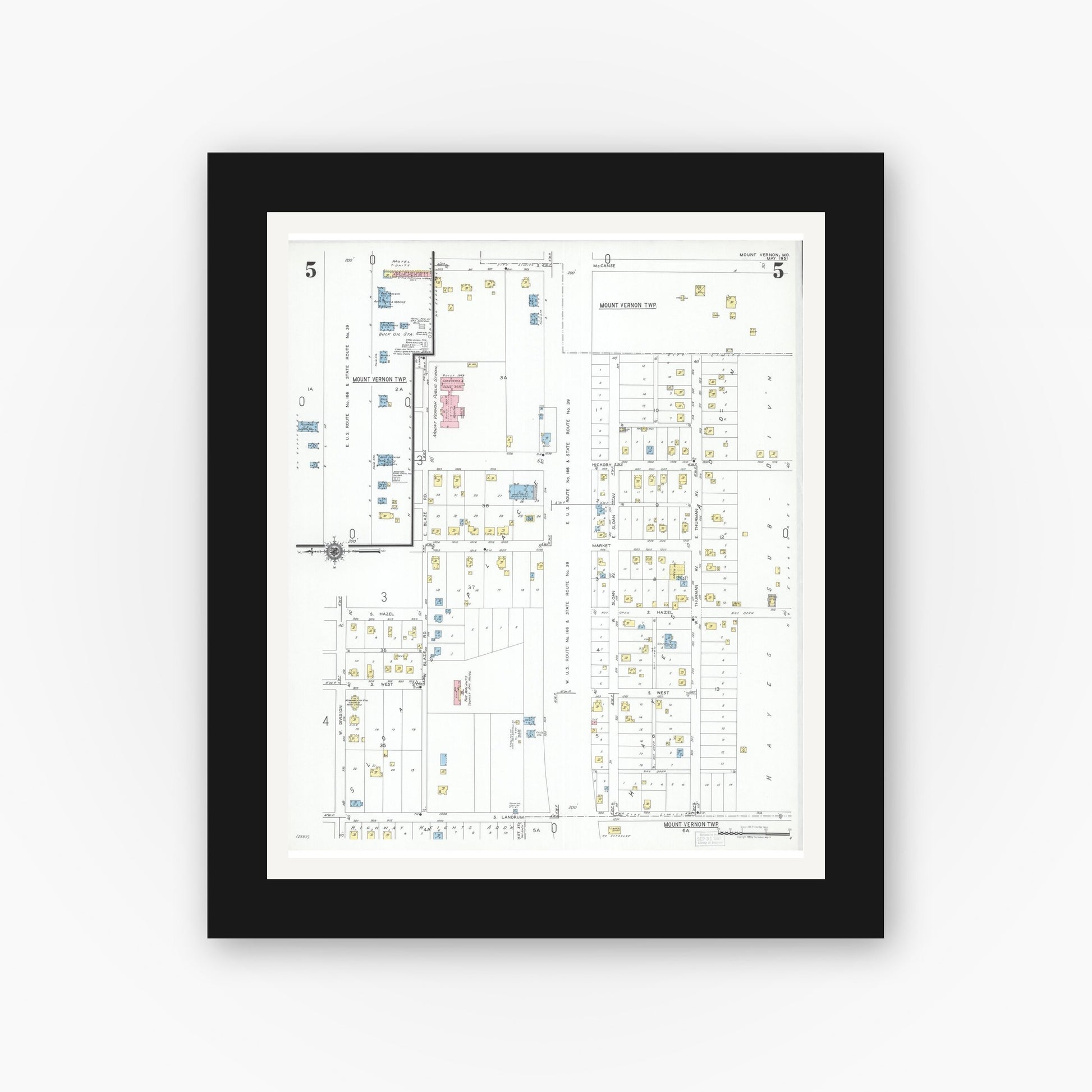 Old map wall art mockup — black gallery frame with white mat — Sanborn Fire Insurance Map from Mount Vernon, Lawrence County, Missouri (1951), Sheet #0005