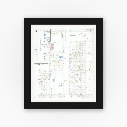 Old map wall art mockup — black gallery frame with white mat — Sanborn Fire Insurance Map from Mount Vernon, Lawrence County, Missouri (1951), Sheet #0005