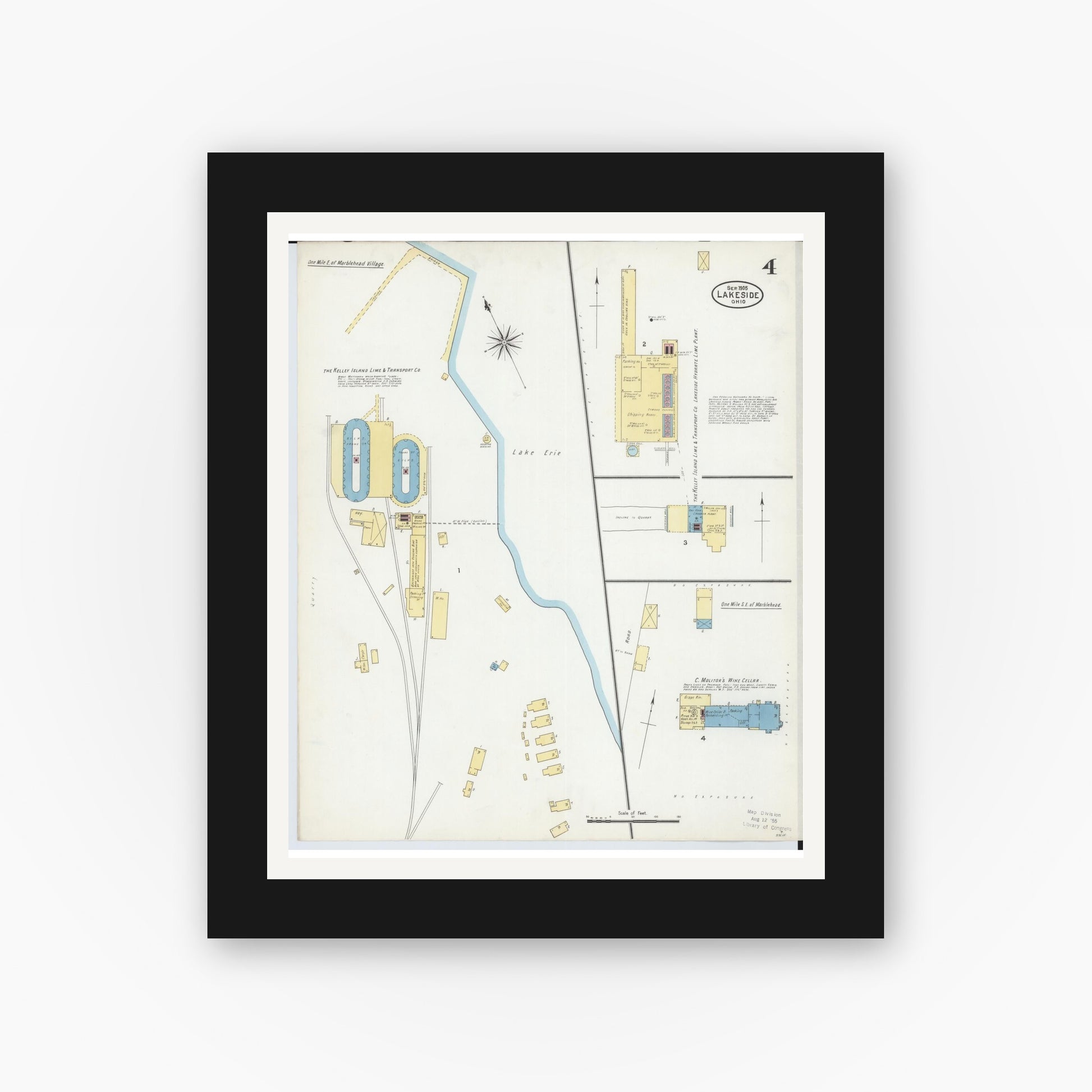 Old map wall art mockup — black gallery frame with white mat — Sanborn Fire Insurance Map from Lakeside, Ottawa County, Ohio (1905), Sheet #0004