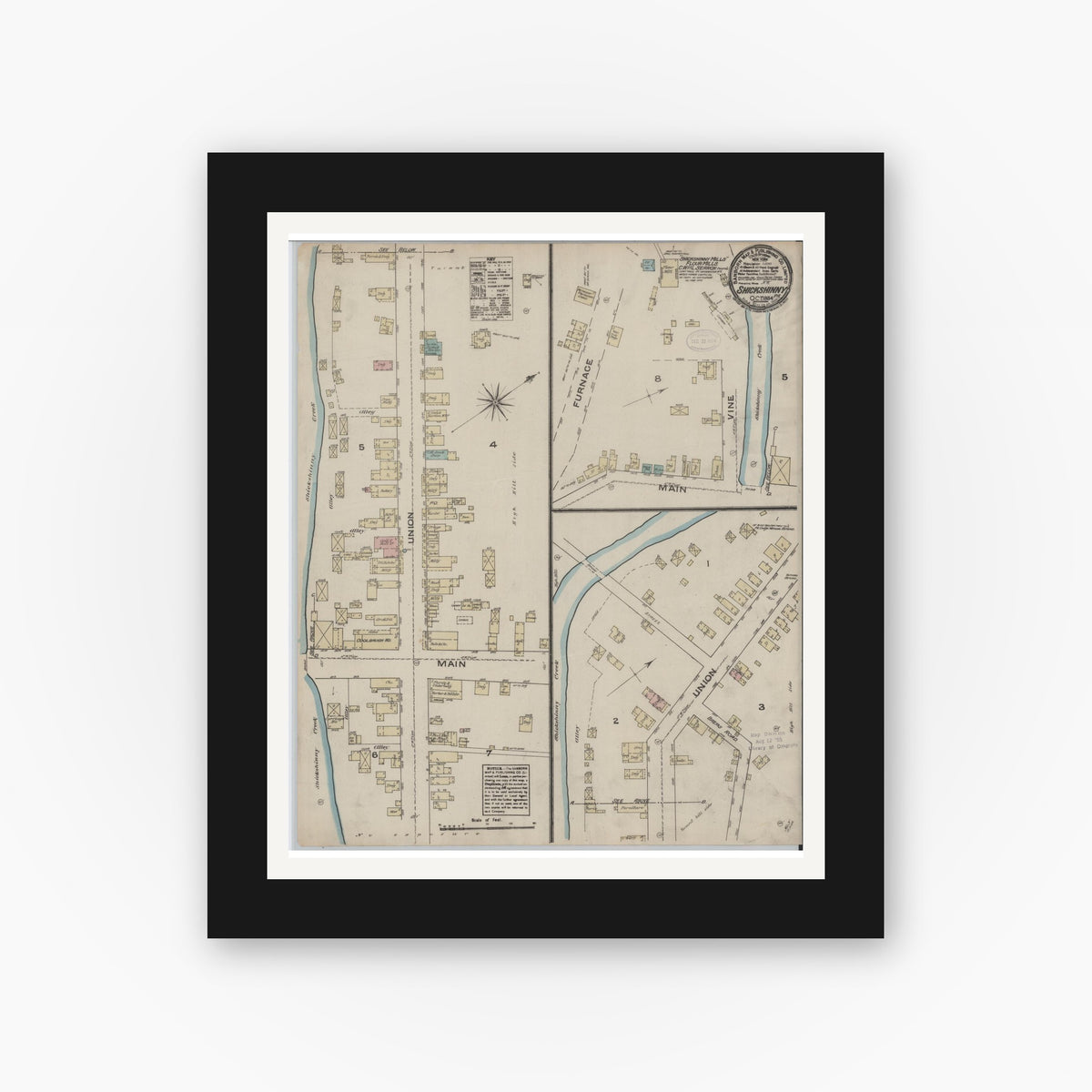 Old map wall art mockup — black gallery frame with white mat — Sanborn Fire Insurance Map from Shickshinny, Luzerne County, Pennsylvania (1884), Sheet #0001