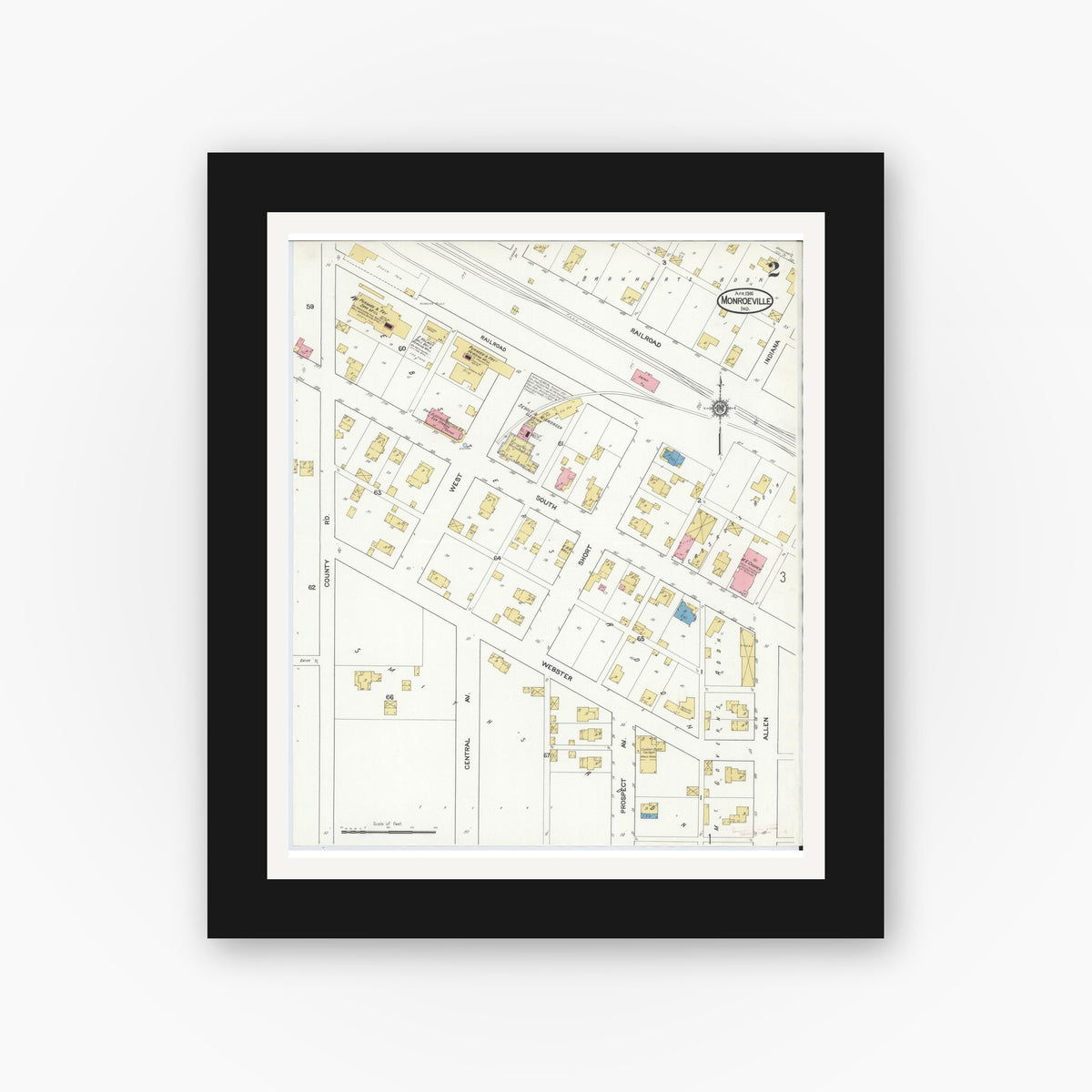 Old map wall art mockup — black gallery frame with white mat — Sanborn Fire Insurance Map from Monroeville, Allen County, Indiana (1916), Sheet #0002