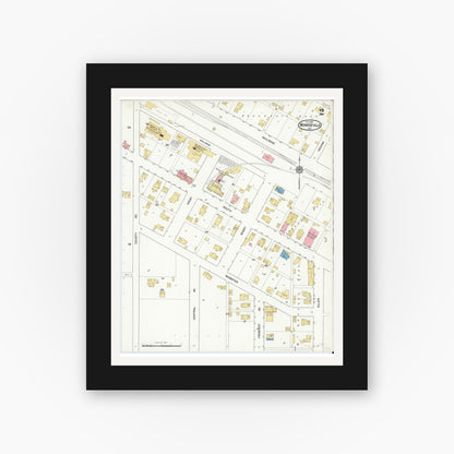 Old map wall art mockup — black gallery frame with white mat — Sanborn Fire Insurance Map from Monroeville, Allen County, Indiana (1916), Sheet #0002
