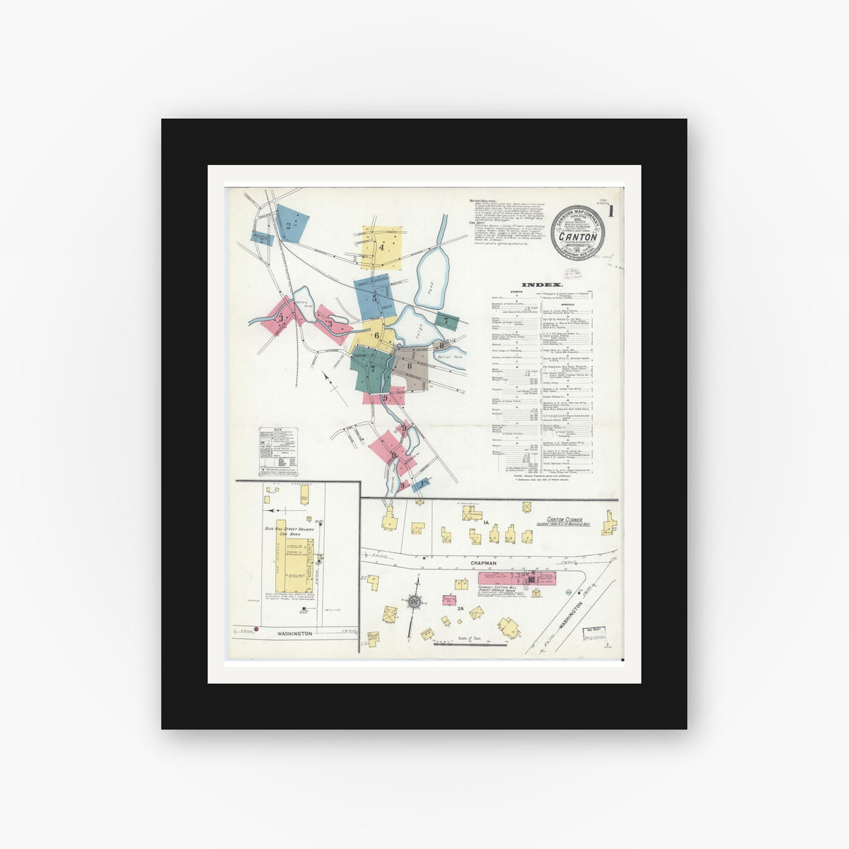 Old map wall art mockup — black gallery frame with white mat — Sanborn Fire Insurance Map from Canton, Norfolk County, Massachusetts (1911) - Complete Map Set
