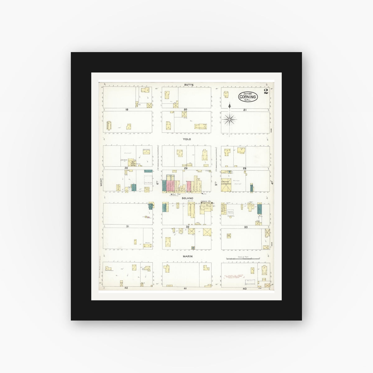 Old map wall art mockup — black gallery frame with white mat — Sanborn Fire Insurance Map from Corning, Tehama County, California (1897), Sheet #0002