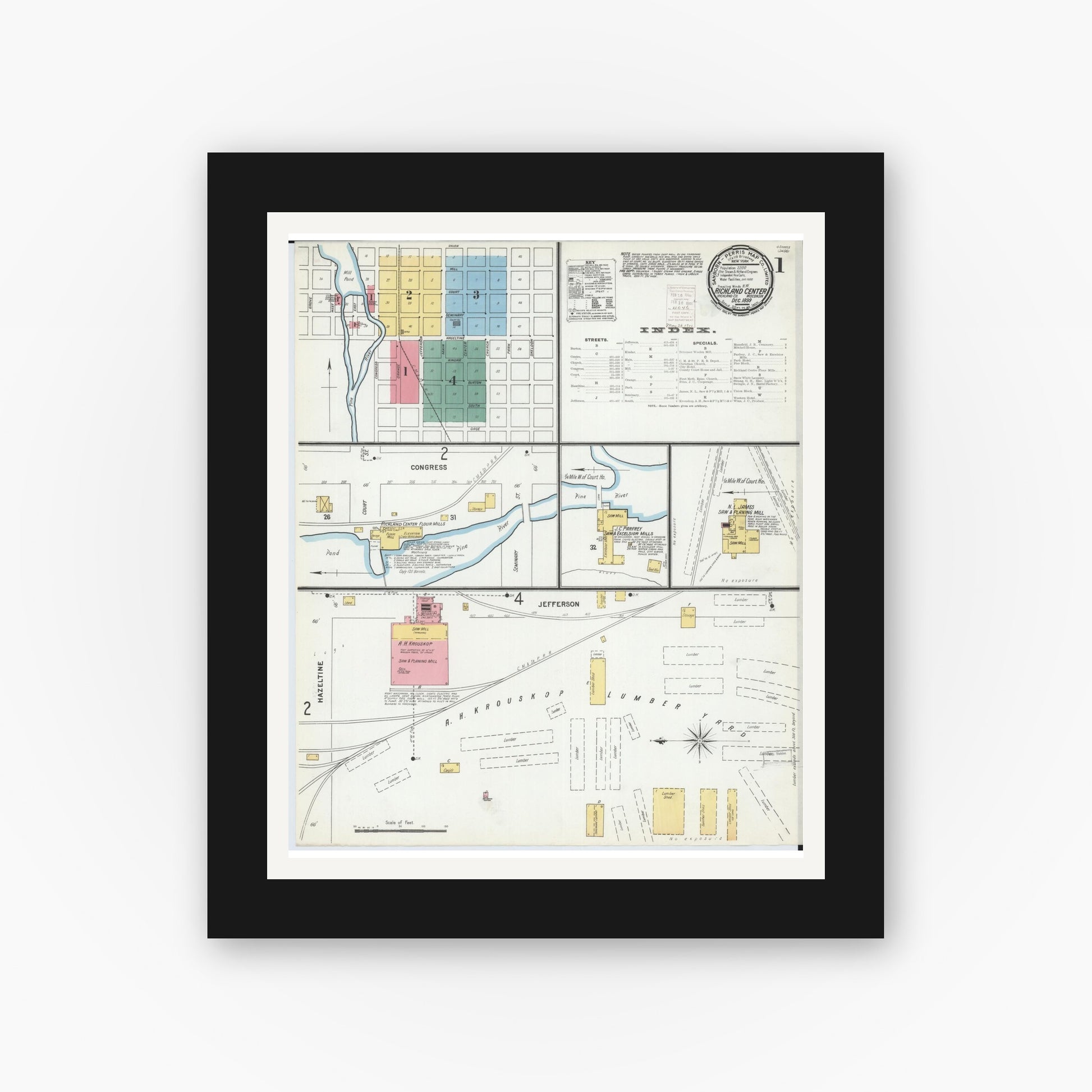 Old map wall art mockup — black gallery frame with white mat — Sanborn Fire Insurance Map from Richland Center, Richland County, Wisconsin (1899) - Complete Map Set