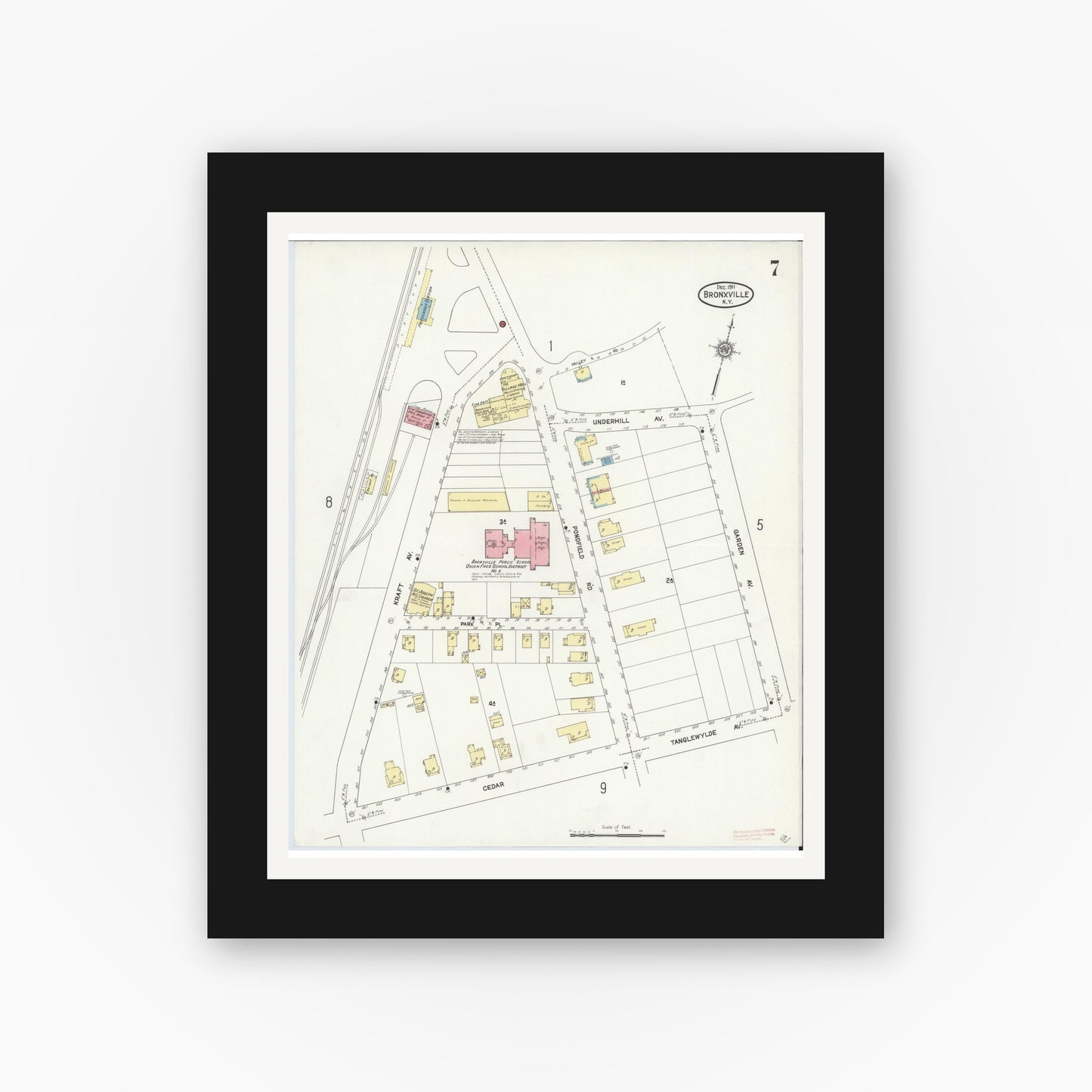 Old map wall art mockup — black gallery frame with white mat — Sanborn Fire Insurance Map from Bronxville, Westchester County, New York (1911), Sheet #0007