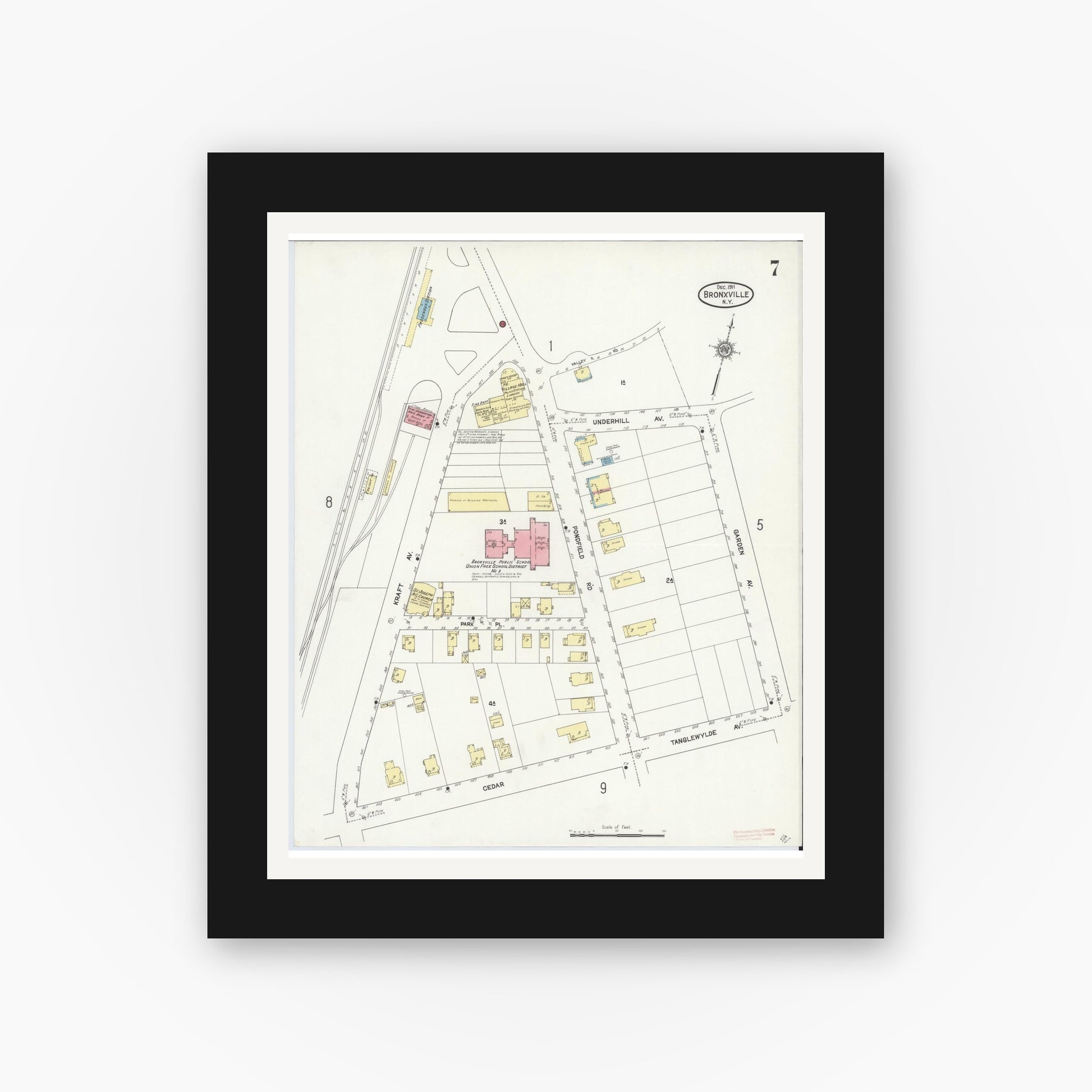 Old map wall art mockup — black gallery frame with white mat — Sanborn Fire Insurance Map from Bronxville, Westchester County, New York (1911), Sheet #0007