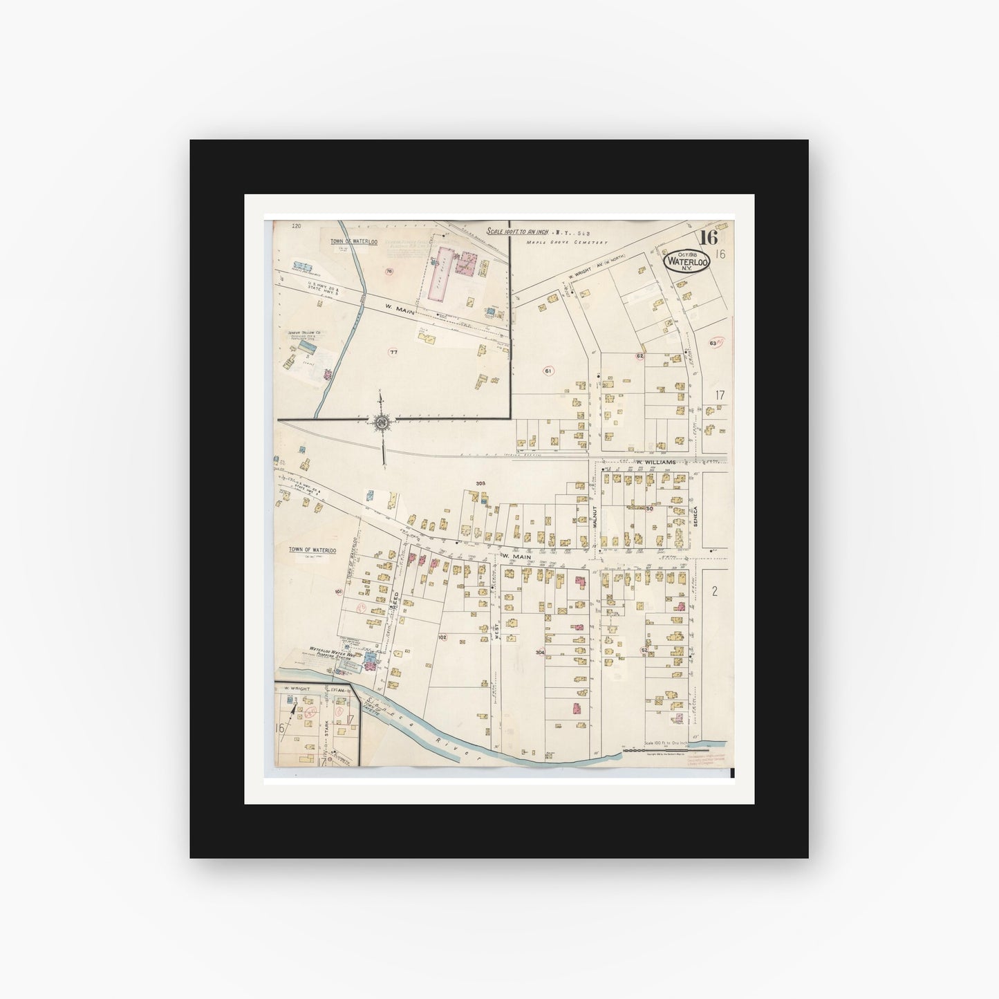 Old map wall art mockup — black gallery frame with white mat — Sanborn Fire Insurance Map from Waterloo, Seneca County, New York (1948), Sheet #0016