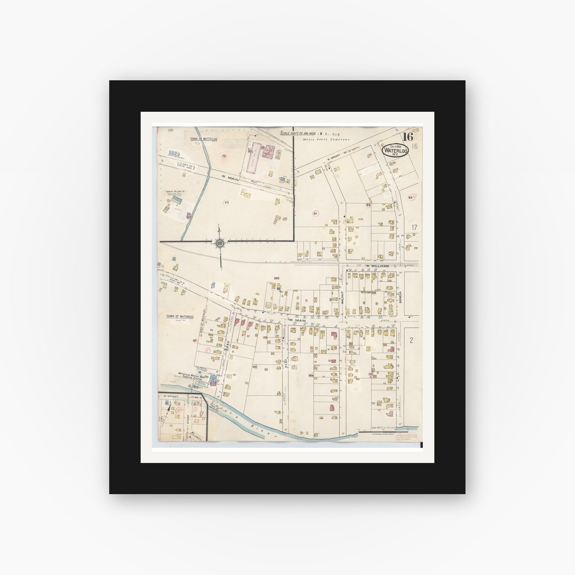 Old map wall art mockup — black gallery frame with white mat — Sanborn Fire Insurance Map from Waterloo, Seneca County, New York (1948), Sheet #0016