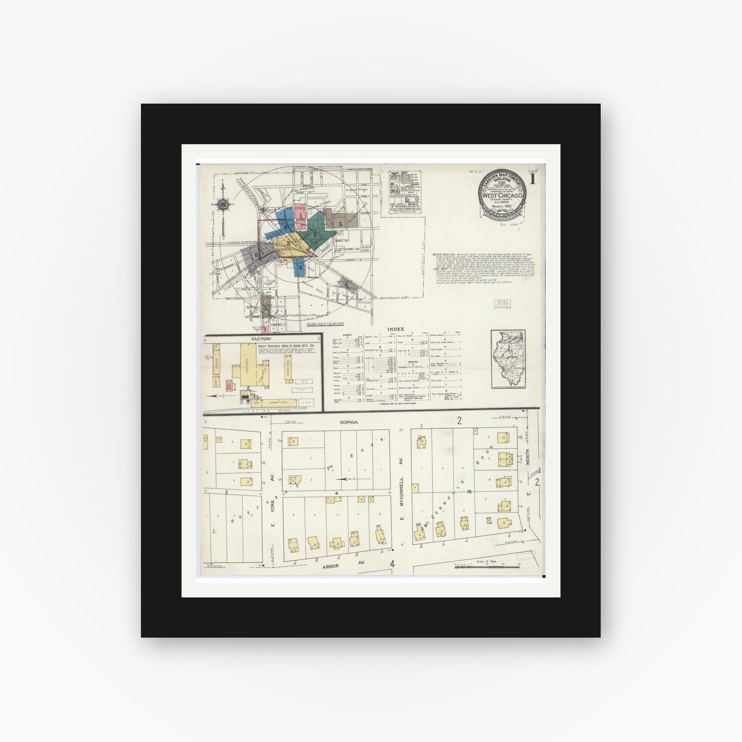 Old map wall art mockup — black gallery frame with white mat — Sanborn Fire Insurance Map from West Chicago, Du Page County, Illinois (1923) - Complete Map Set