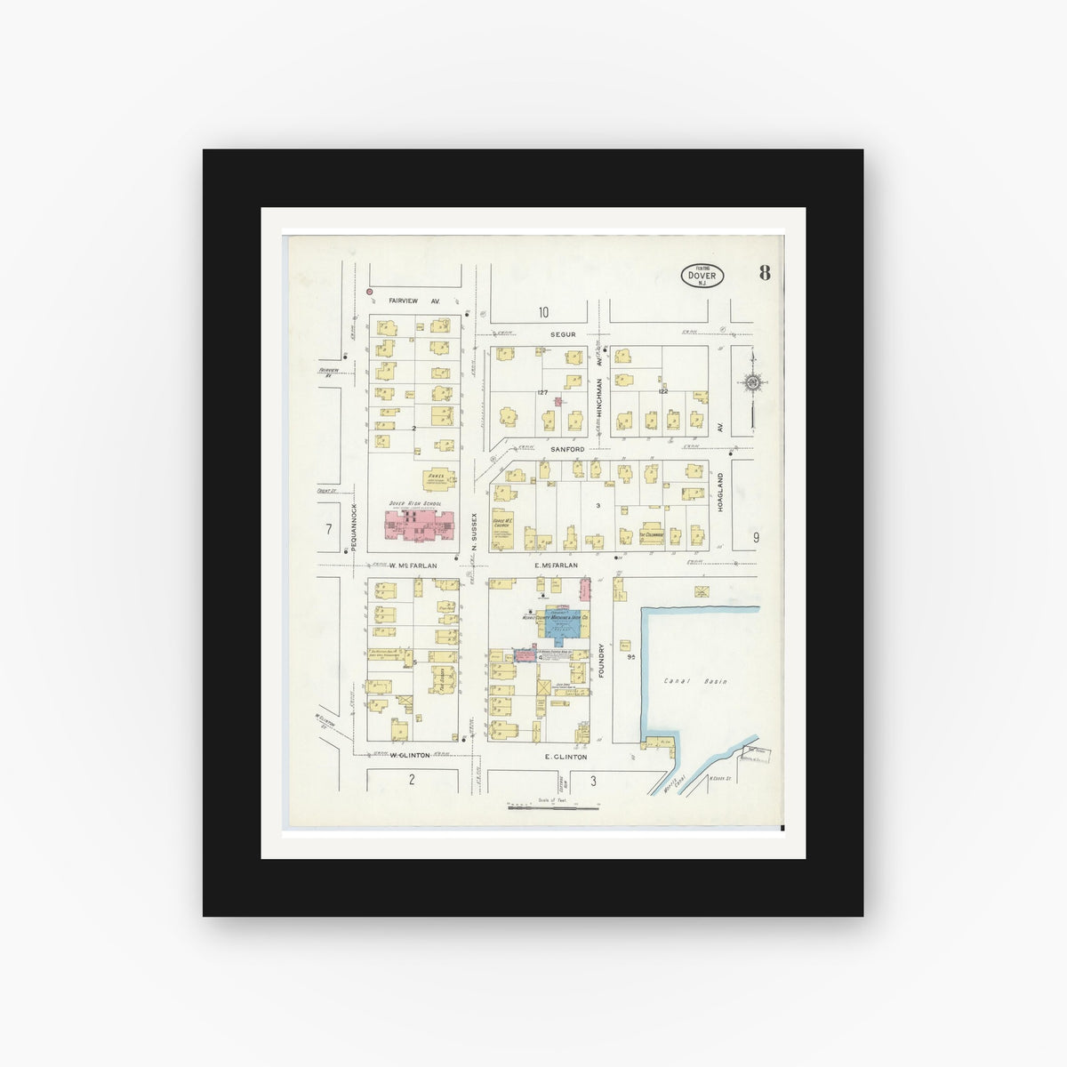 Old map wall art mockup — black gallery frame with white mat — Sanborn Fire Insurance Map from Dover, Morris County, New Jersey (1916), Sheet #0008