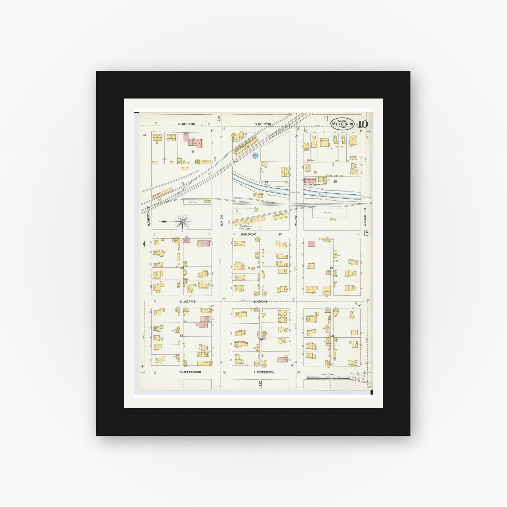 Old map wall art mockup — black gallery frame with white mat — Sanborn Fire Insurance Map from Mount Vernon, Knox County, Ohio (1903), Sheet #0010