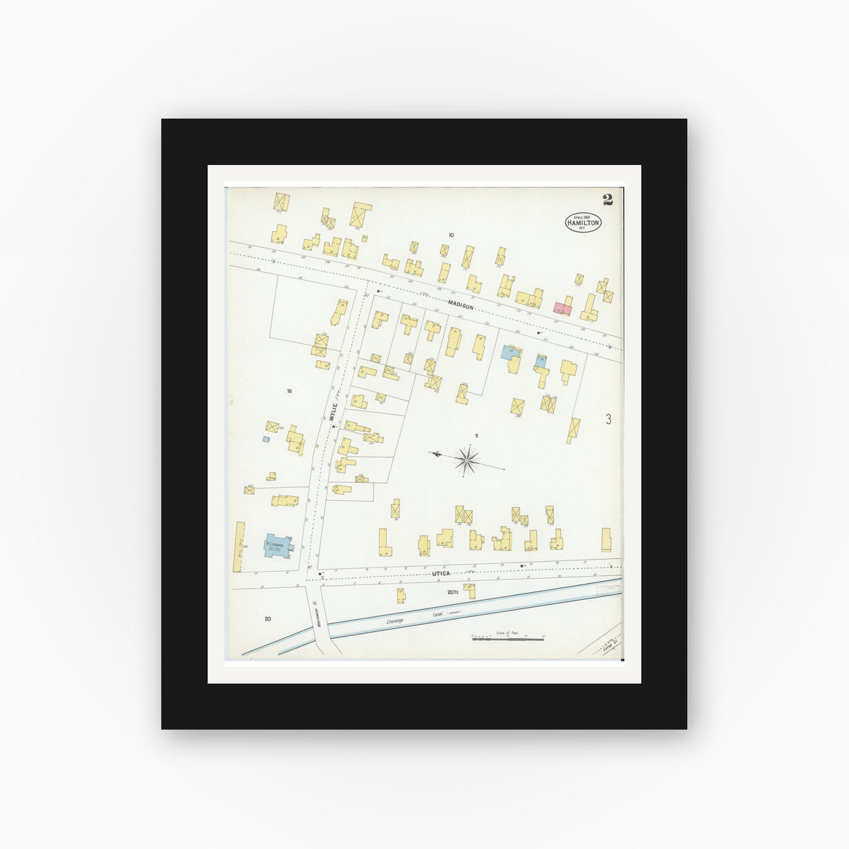 Old map wall art mockup — black gallery frame with white mat — Sanborn Fire Insurance Map from Hamilton, Madison County, New York (1901), Sheet #0002