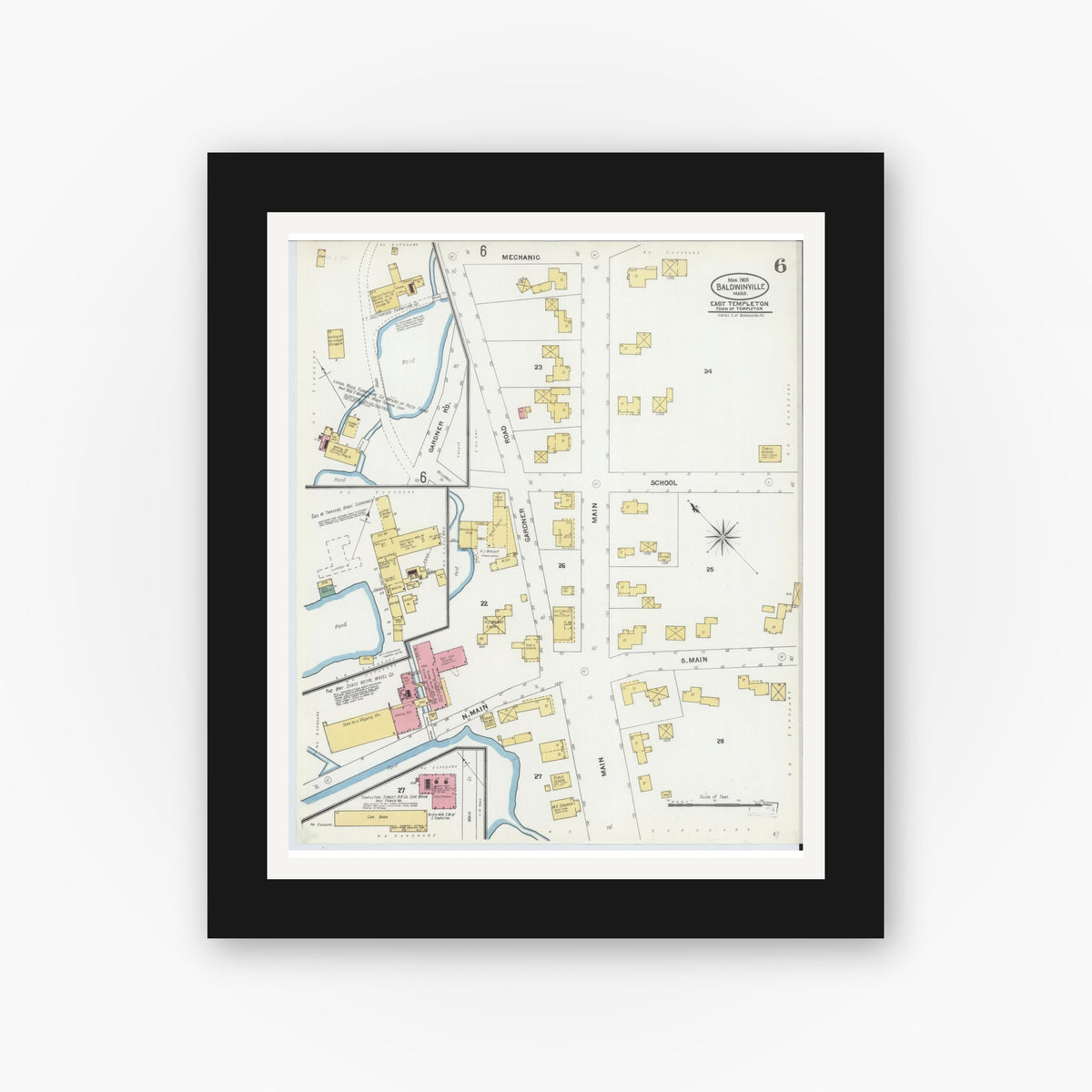 Old map wall art mockup — black gallery frame with white mat — Sanborn Fire Insurance Map from Baldwinville, Worcester County, Massachusetts (1905), Sheet #0006