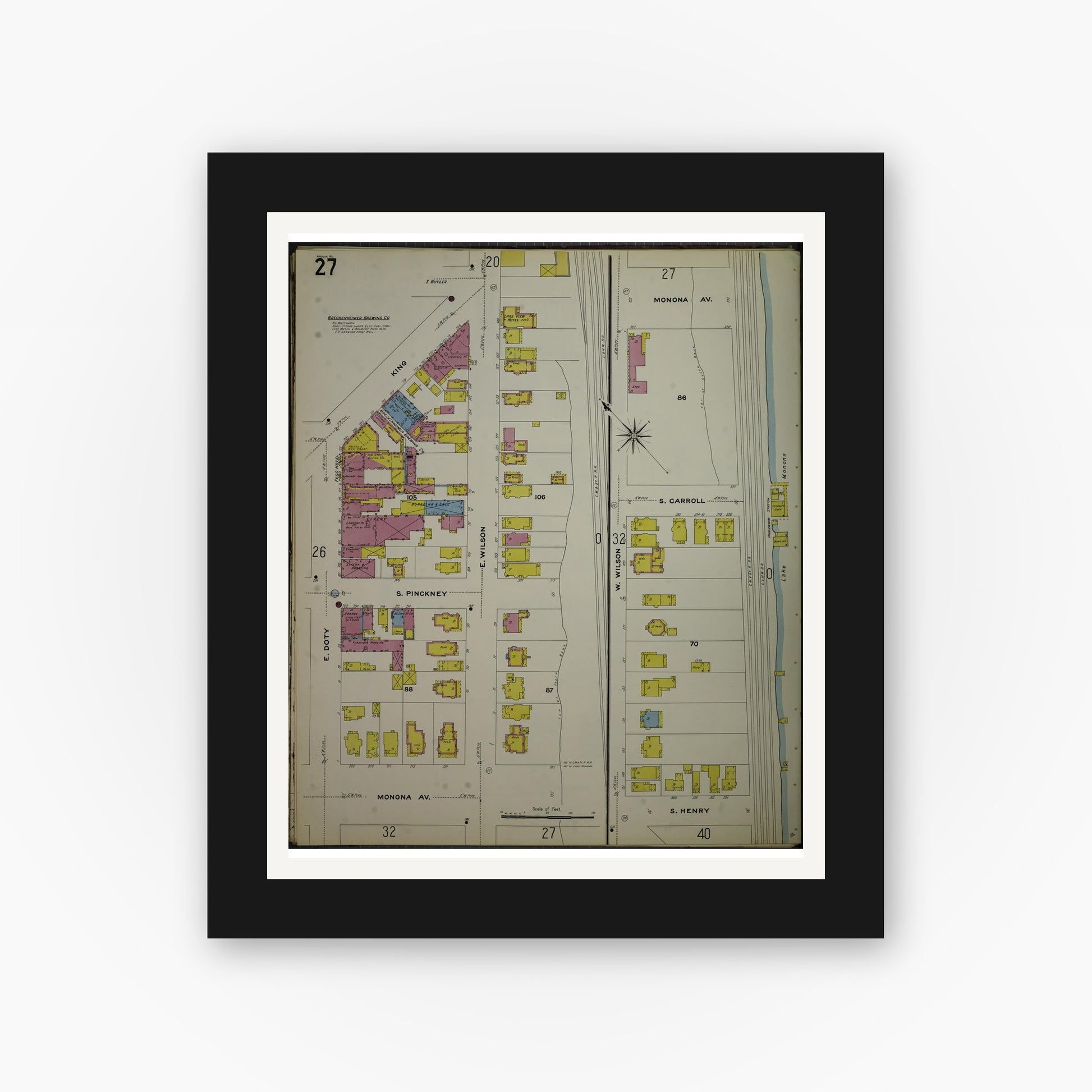 Old map wall art mockup — black gallery frame with white mat — Sanborn Fire Insurance Map from Madison, Dane County, Wisconsin (1908), Sheet #0027