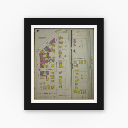 Old map wall art mockup — black gallery frame with white mat — Sanborn Fire Insurance Map from Madison, Dane County, Wisconsin (1908), Sheet #0027
