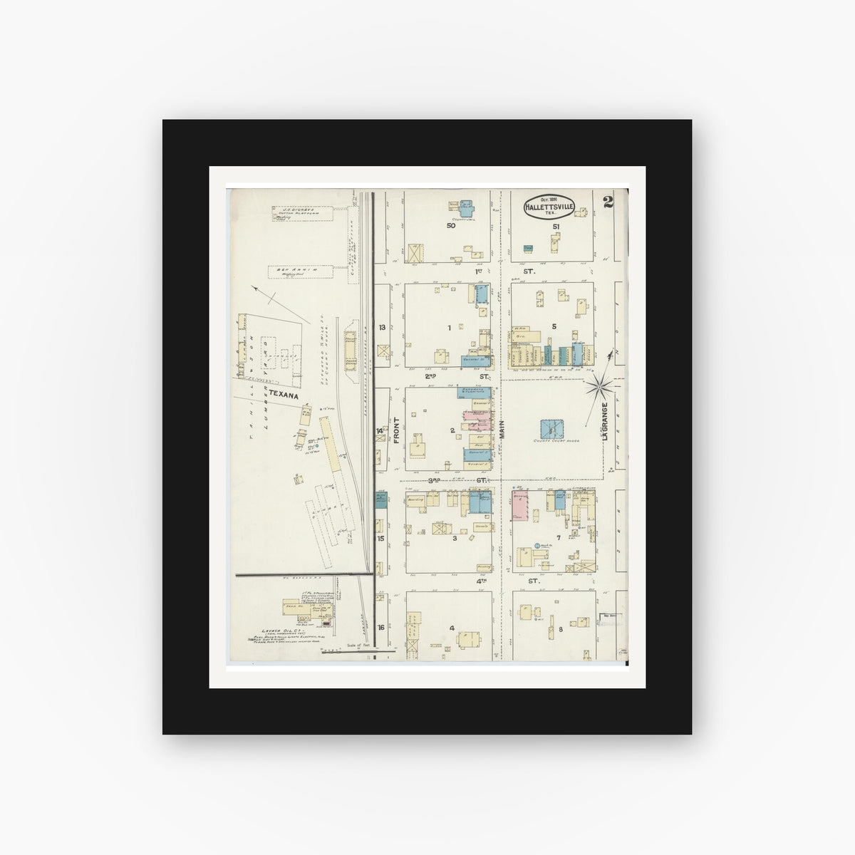 Old map wall art mockup — black gallery frame with white mat — Sanborn Fire Insurance Map from Hallettsville, Lavaca County, Texas (1891), Sheet #0002