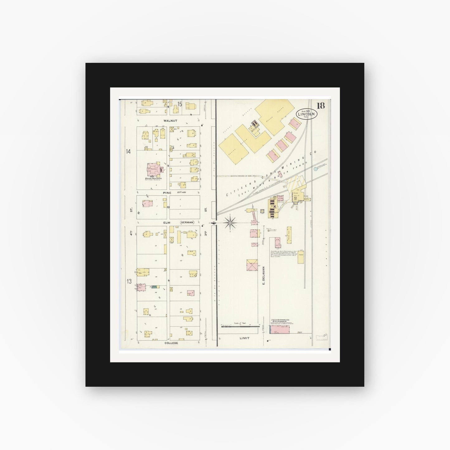 Old map wall art mockup — black gallery frame with white mat — Sanborn Fire Insurance Map from Lincoln, Logan County, Illinois (1909), Sheet #0018