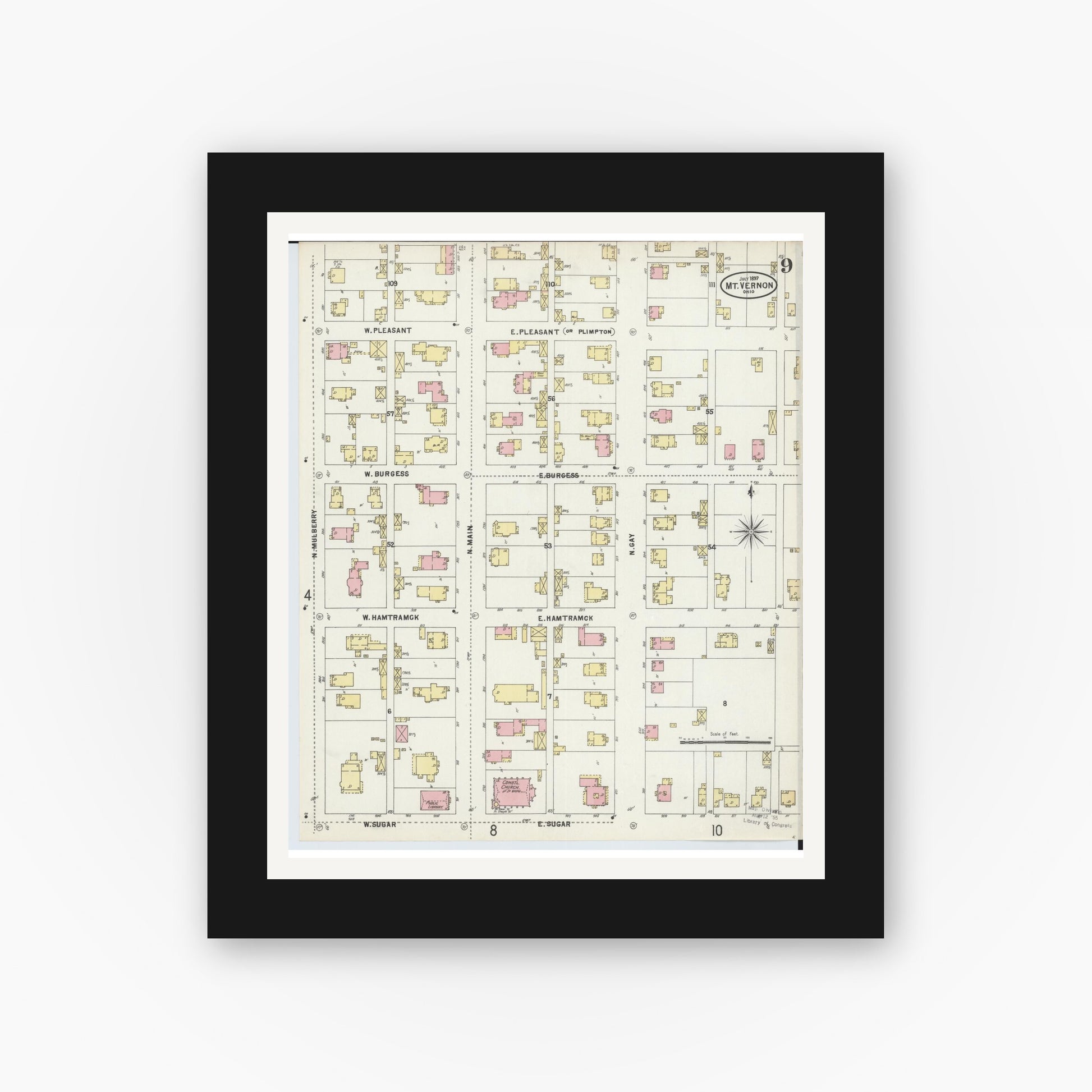 Old map wall art mockup — black gallery frame with white mat — Sanborn Fire Insurance Map from Mount Vernon, Knox County, Ohio (1897), Sheet #0009