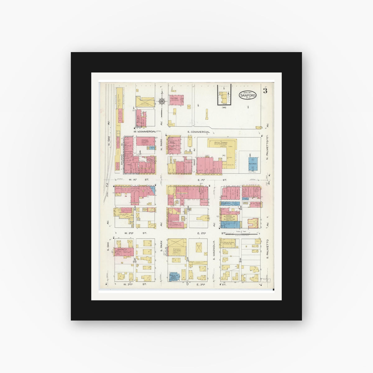 Old map wall art mockup — black gallery frame with white mat — Sanborn Fire Insurance Map from Sanford, Seminole County, Florida (1917), Sheet #0003