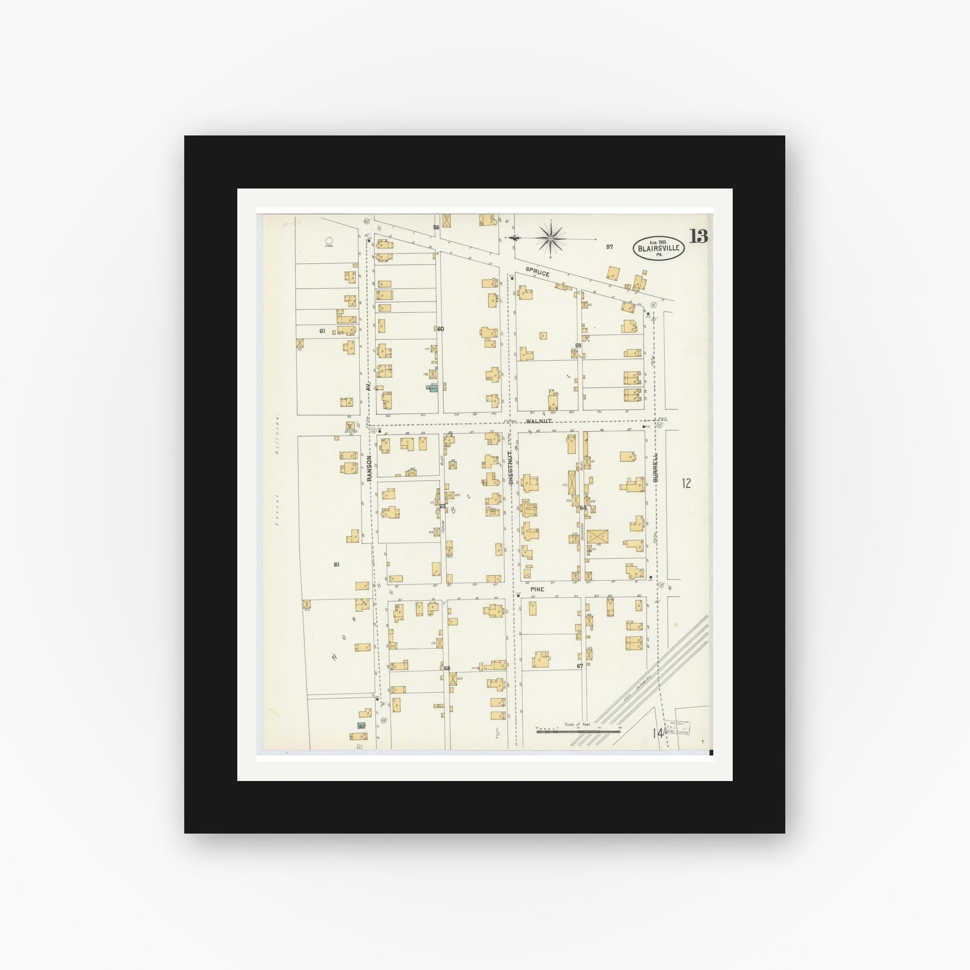 Old map wall art mockup — black gallery frame with white mat — Sanborn Fire Insurance Map from Blairsville, Indiana County, Pennsylvania (1903), Sheet #0013