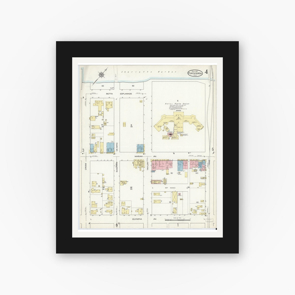 Old map wall art mockup — black gallery frame with white mat — Sanborn Fire Insurance Map from Punta Gorda, Charlotte County, Florida (1914), Sheet #0004