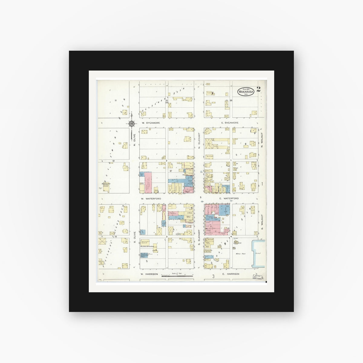 Old map wall art mockup — black gallery frame with white mat — Sanborn Fire Insurance Map from Wakarusa, Elkhart County, Indiana (1914), Sheet #0002
