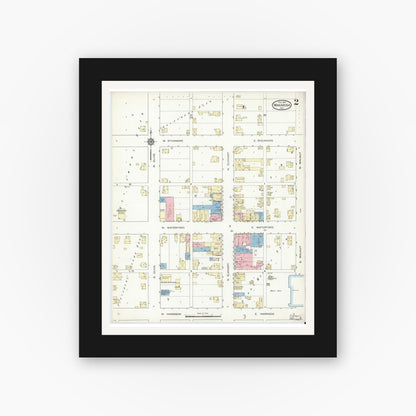 Old map wall art mockup — black gallery frame with white mat — Sanborn Fire Insurance Map from Wakarusa, Elkhart County, Indiana (1914), Sheet #0002