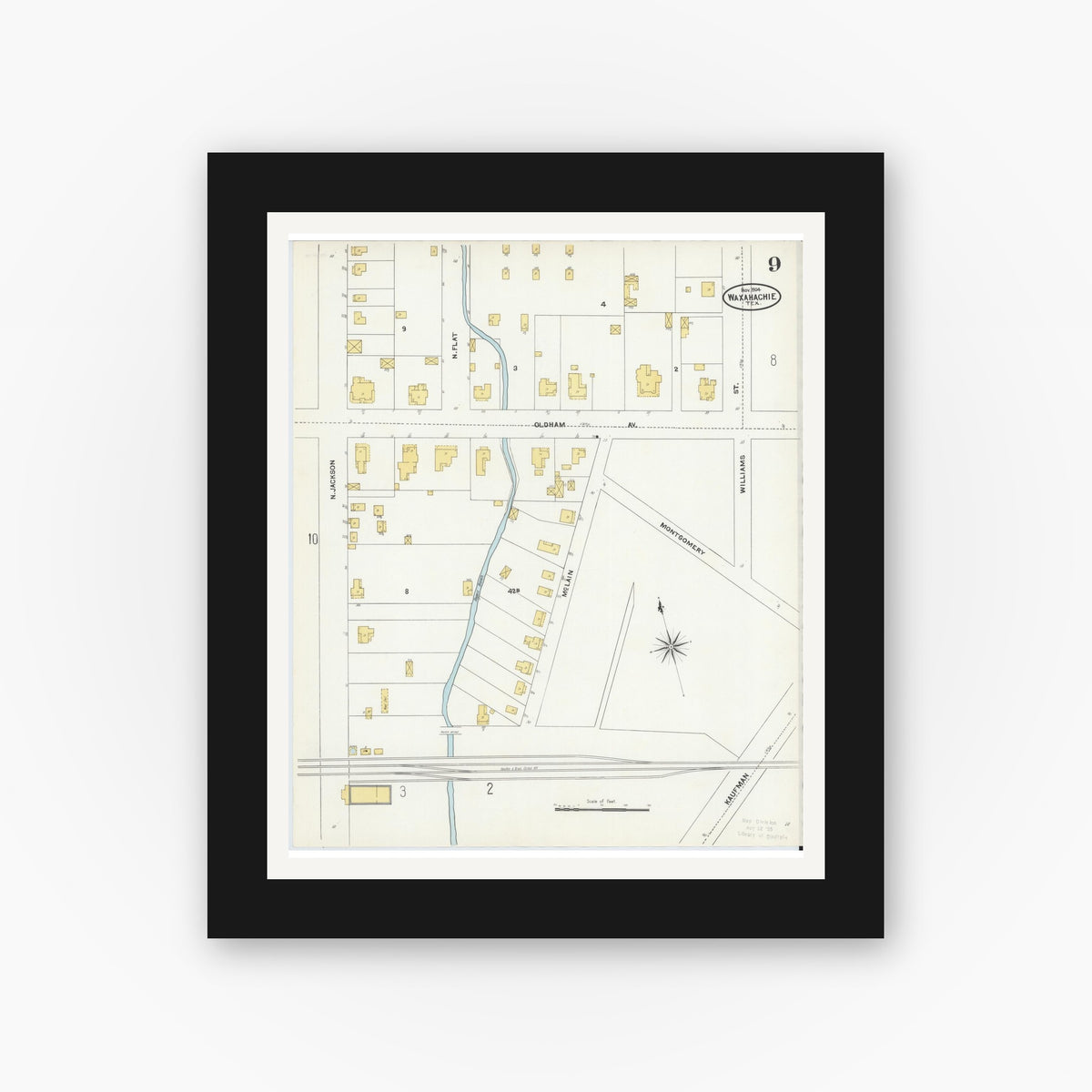 Old map wall art mockup — black gallery frame with white mat — Sanborn Fire Insurance Map from Waxahachie, Ellis County, Texas (1904), Sheet #0009