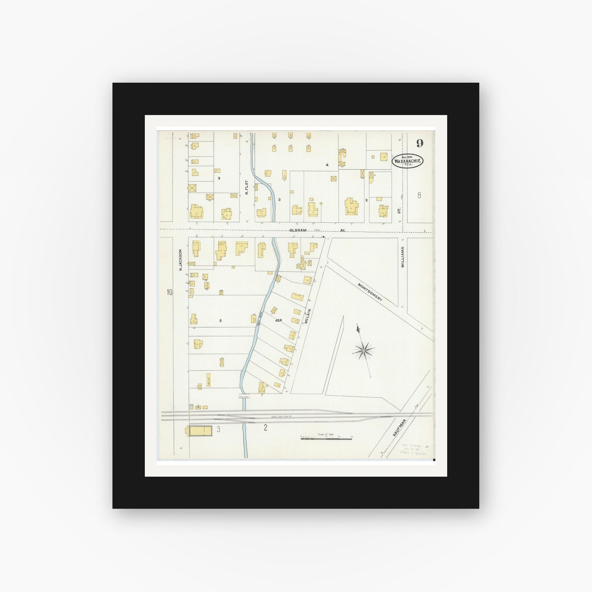 Old map wall art mockup — black gallery frame with white mat — Sanborn Fire Insurance Map from Waxahachie, Ellis County, Texas (1904), Sheet #0009