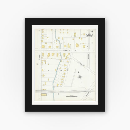 Old map wall art mockup — black gallery frame with white mat — Sanborn Fire Insurance Map from Waxahachie, Ellis County, Texas (1904), Sheet #0009
