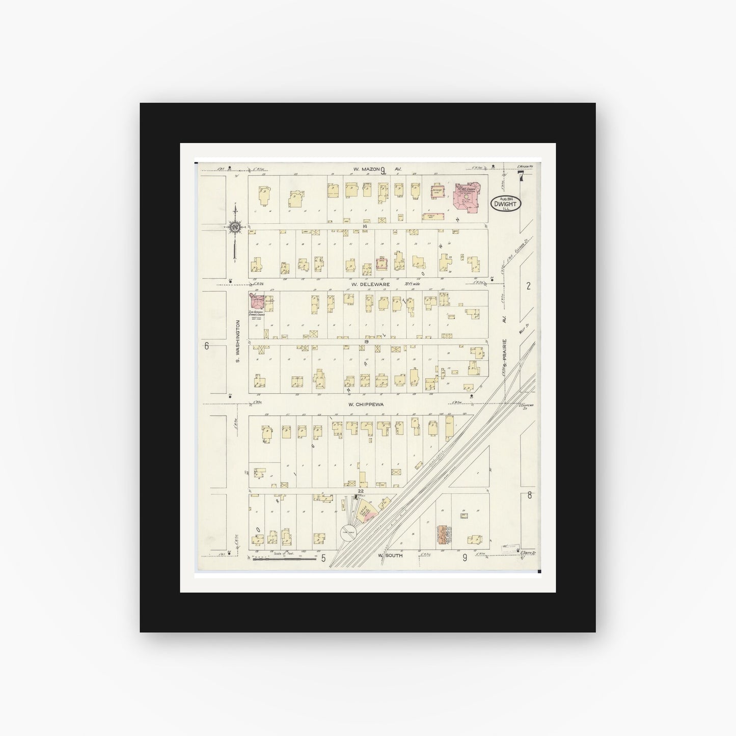 Old map wall art mockup — black gallery frame with white mat — Sanborn Fire Insurance Map from Dwight, Livingston County, Illinois (1914), Sheet #0007