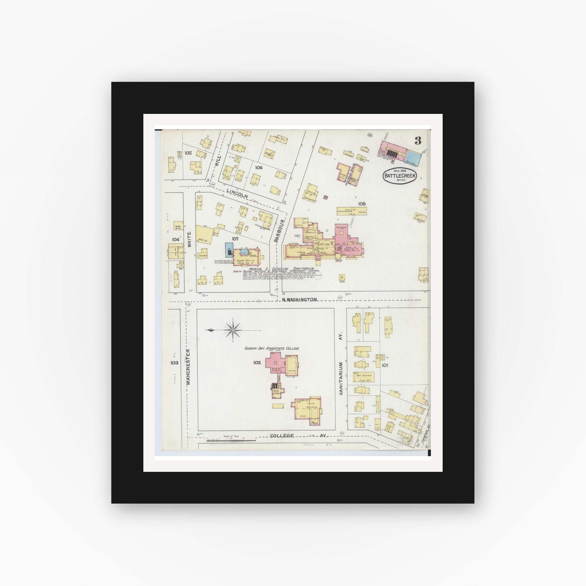 Old map wall art mockup — black gallery frame with white mat — Sanborn Fire Insurance Map from Battle Creek, Calhoun County, Michigan (1892), Sheet #0003