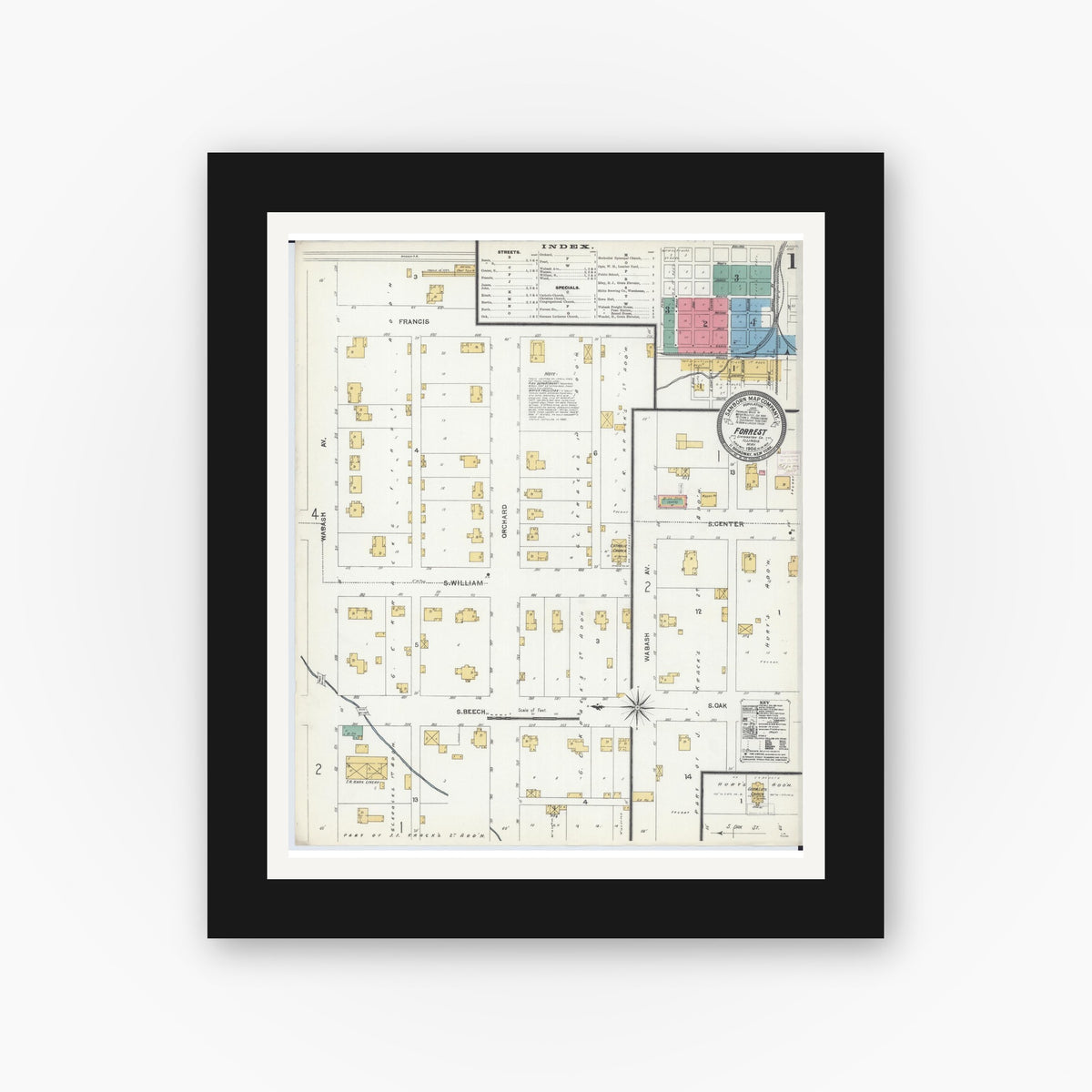Old map wall art mockup — black gallery frame with white mat — Sanborn Fire Insurance Map from Forrest, Livingston County, Illinois (1906) - Complete Map Set