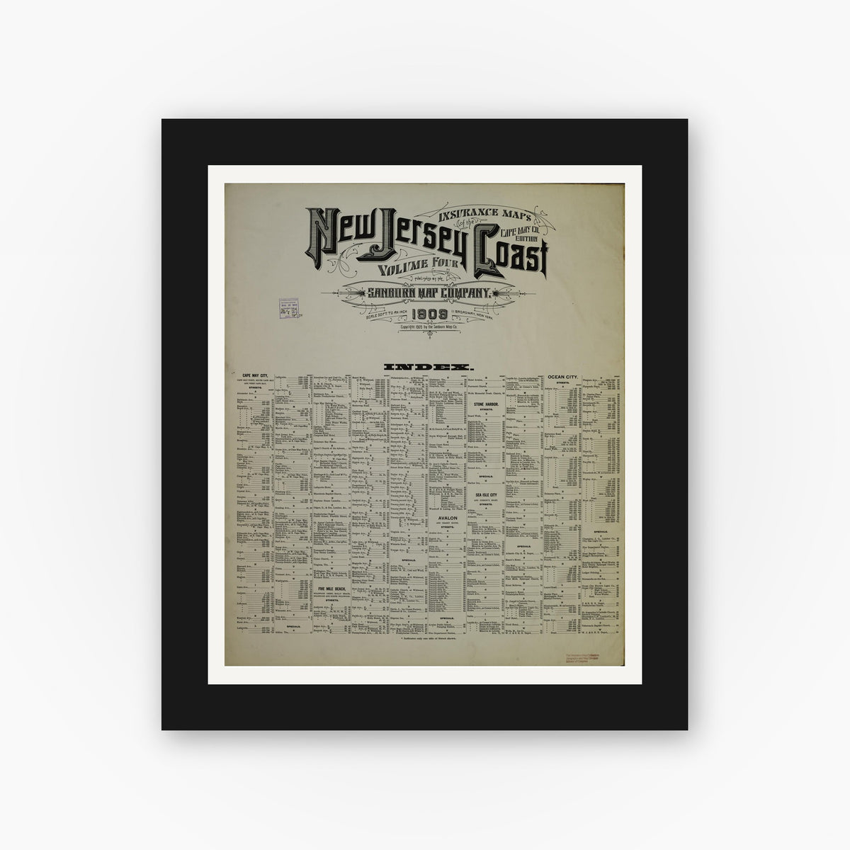 Old map wall art mockup — black gallery frame with white mat — Sanborn Fire Insurance Map from New Jersey Coast, New Jersey Coast, New Jersey (1909), Sheet #0001