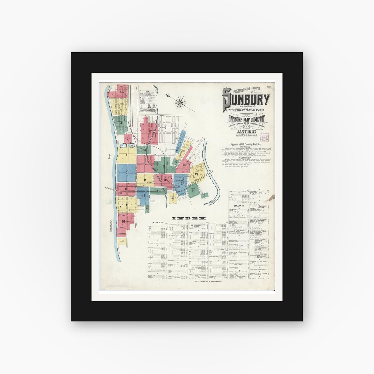 Old map wall art mockup — black gallery frame with white mat — Sanborn Fire Insurance Map from Sunbury, Northumberland County, Pennsylvania (1907) - Complete Map Set