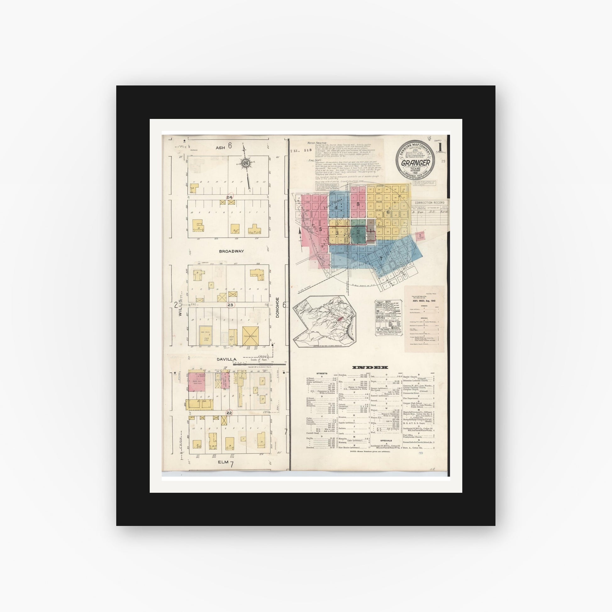 Old map wall art mockup — black gallery frame with white mat — Sanborn Fire Insurance Map from Granger, Williamson County, Texas (1940) - Complete Map Set