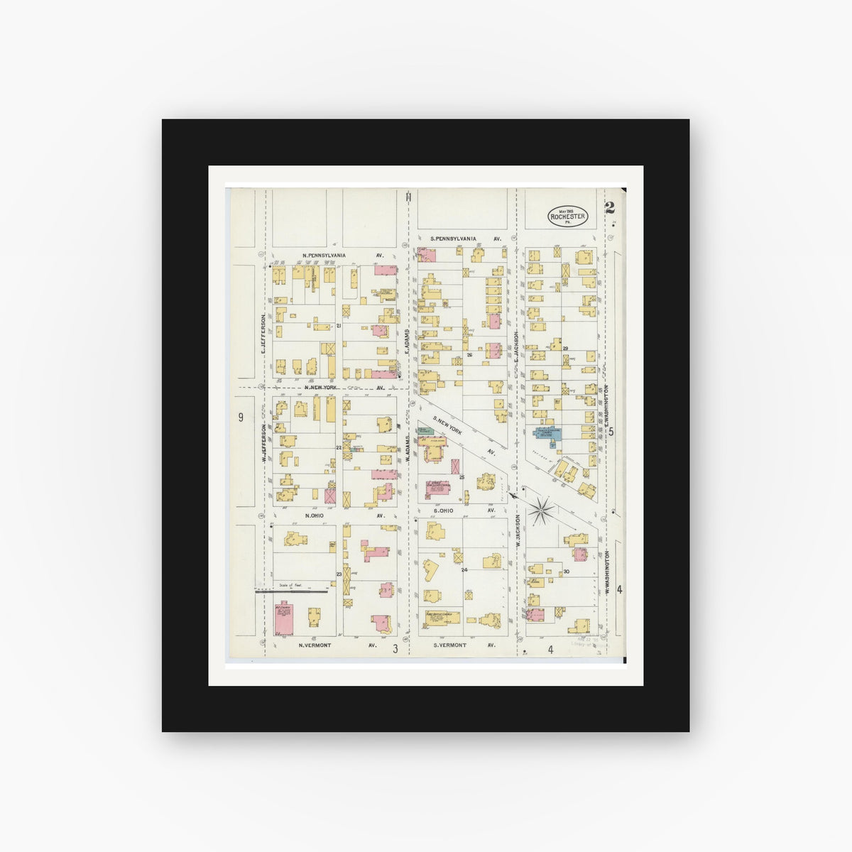 Old map wall art mockup — black gallery frame with white mat — Sanborn Fire Insurance Map from Rochester, Beaver County, Pennsylvania (1903), Sheet #0002
