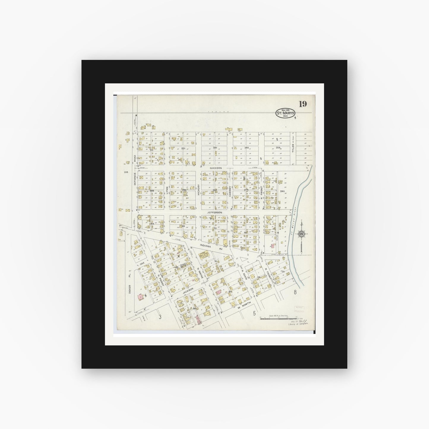 Old map wall art mockup — black gallery frame with white mat — Sanborn Fire Insurance Map from Saint Marys, Auglaize County, Ohio (1914), Sheet #0019