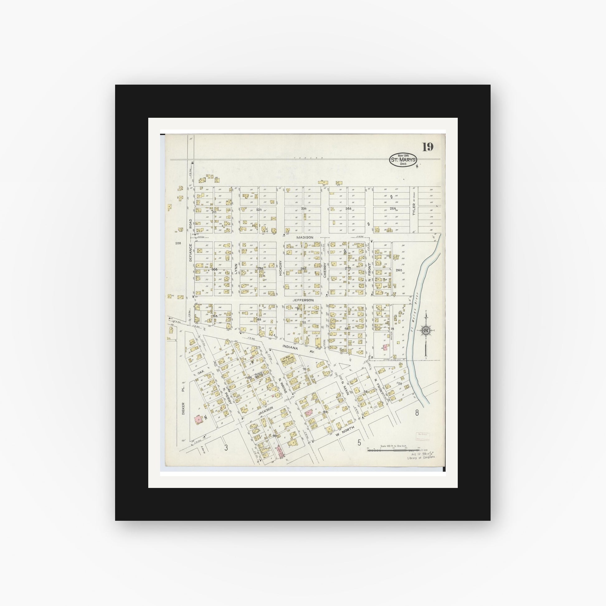 Old map wall art mockup — black gallery frame with white mat — Sanborn Fire Insurance Map from Saint Marys, Auglaize County, Ohio (1914), Sheet #0019