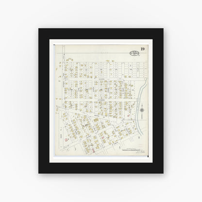 Old map wall art mockup — black gallery frame with white mat — Sanborn Fire Insurance Map from Saint Marys, Auglaize County, Ohio (1914), Sheet #0019
