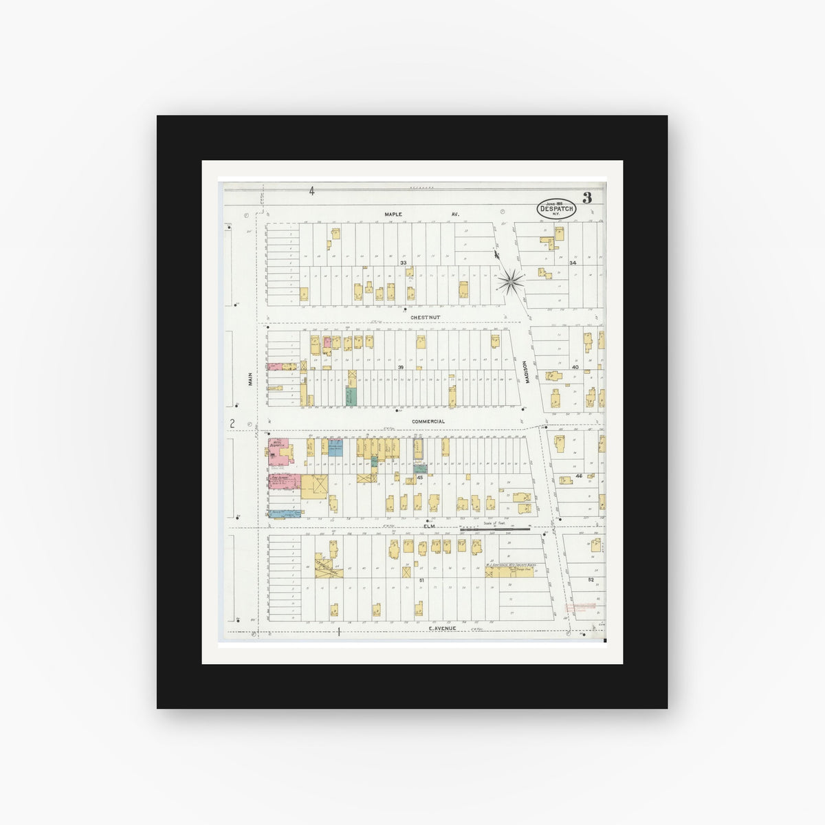 Old map wall art mockup — black gallery frame with white mat — Sanborn Fire Insurance Map from Despatch, Monroe County, New York (1906), Sheet #0003