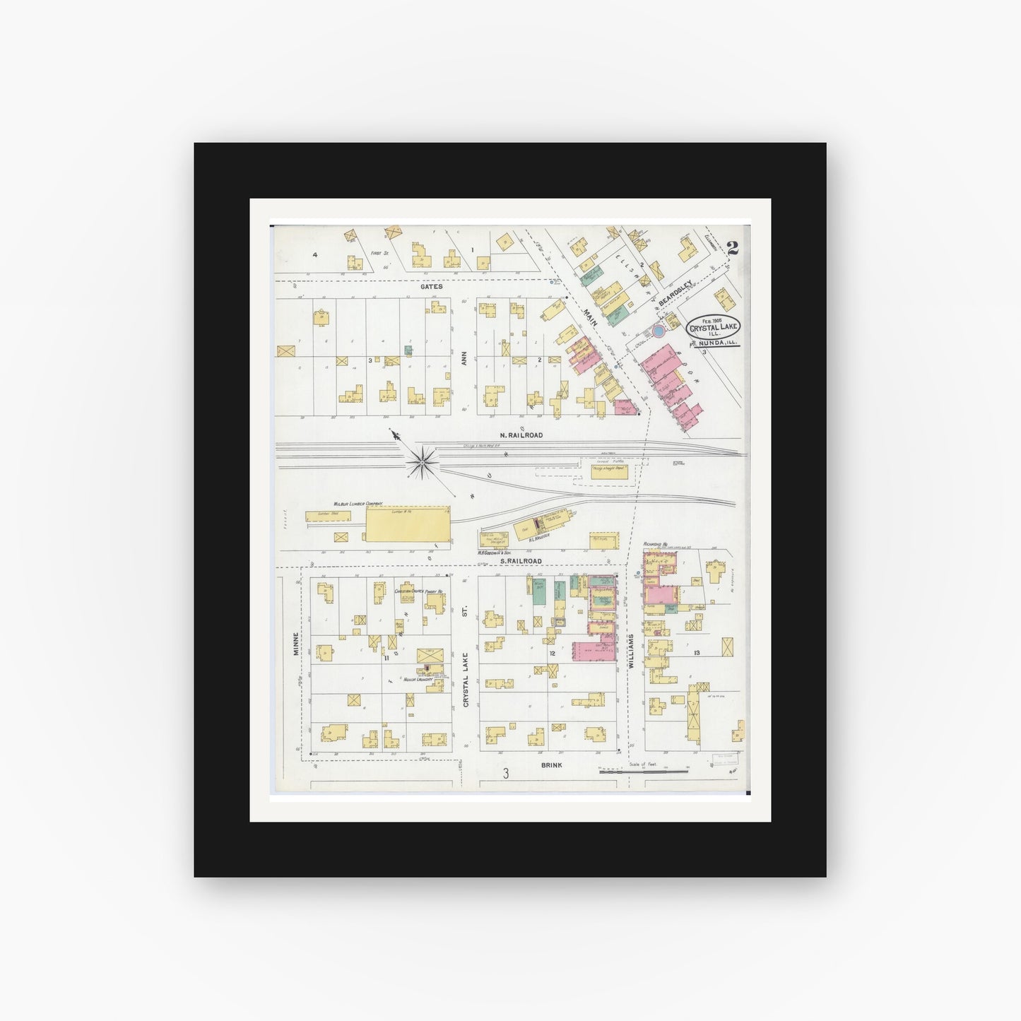 Old map wall art mockup — black gallery frame with white mat — Sanborn Fire Insurance Map from Crystal Lake, McHenry County, Illinois (1905), Sheet #0002