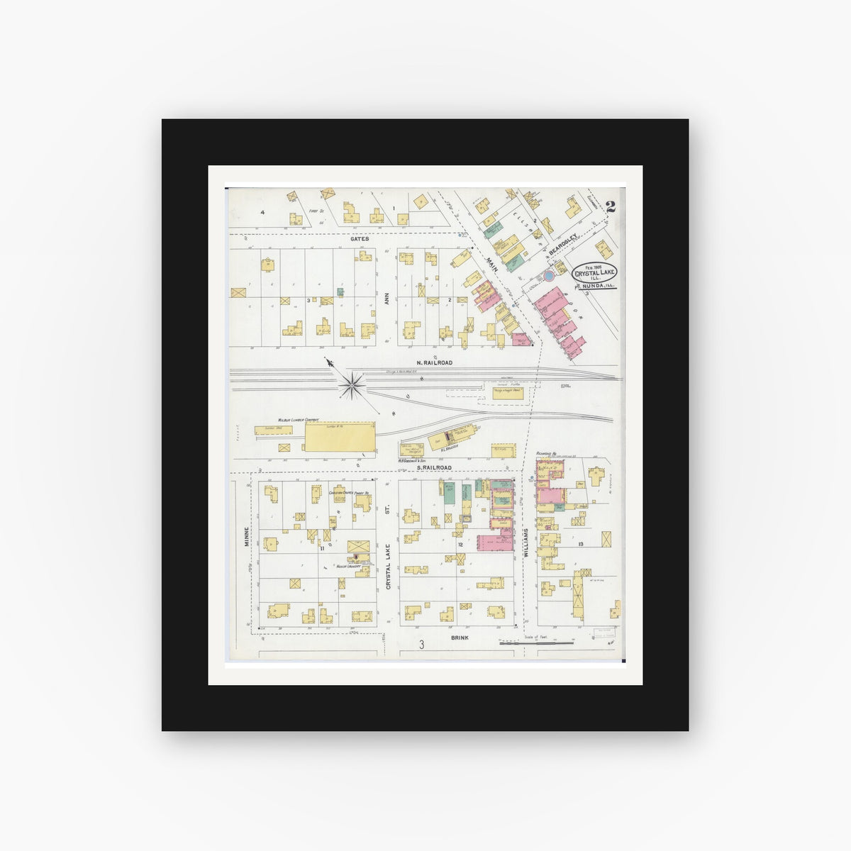 Old map wall art mockup — black gallery frame with white mat — Sanborn Fire Insurance Map from Crystal Lake, McHenry County, Illinois (1905), Sheet #0002