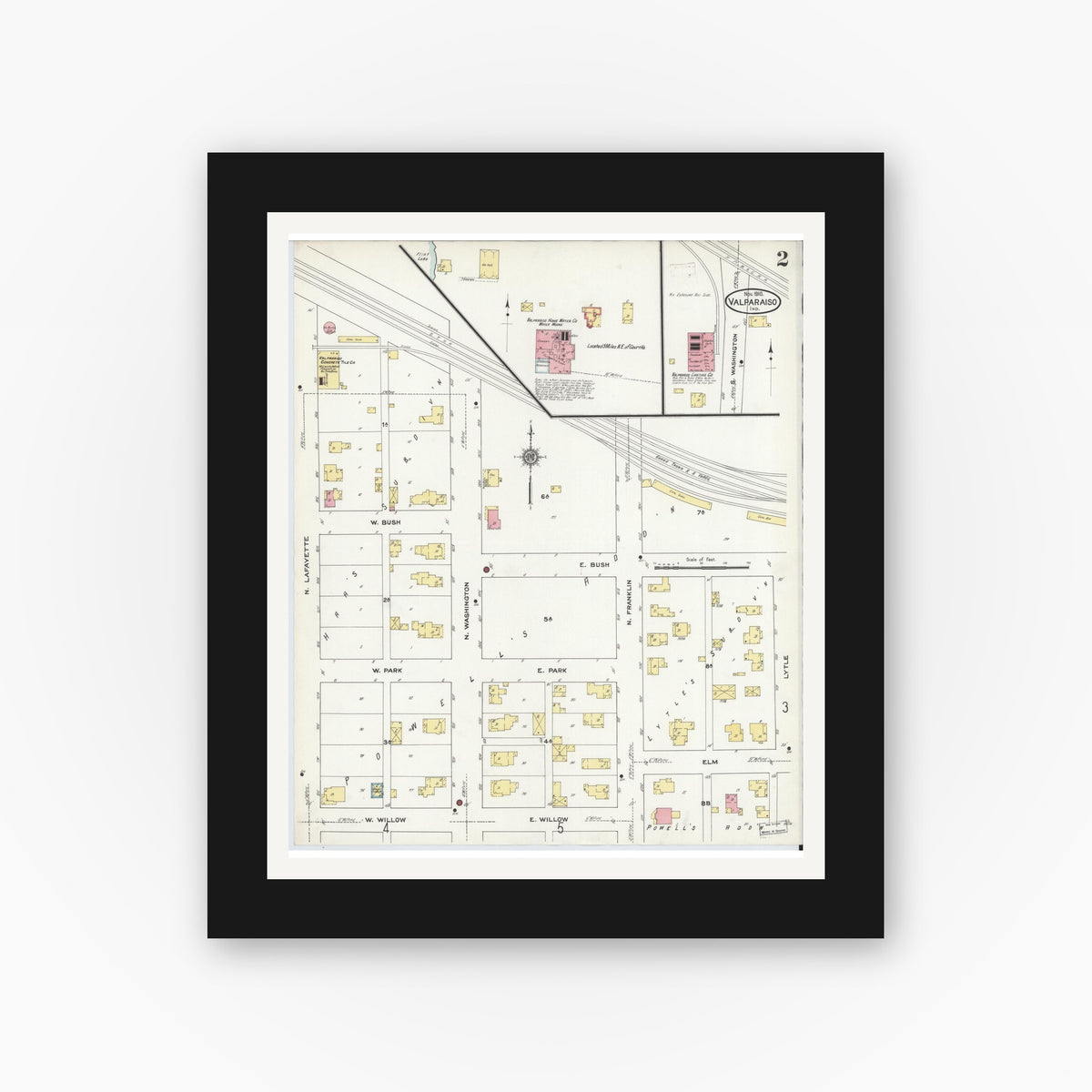 Old map wall art mockup — black gallery frame with white mat — Sanborn Fire Insurance Map from Valparaiso, Porter County, Indiana (1910), Sheet #0002