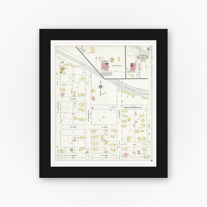 Old map wall art mockup — black gallery frame with white mat — Sanborn Fire Insurance Map from Valparaiso, Porter County, Indiana (1910), Sheet #0002