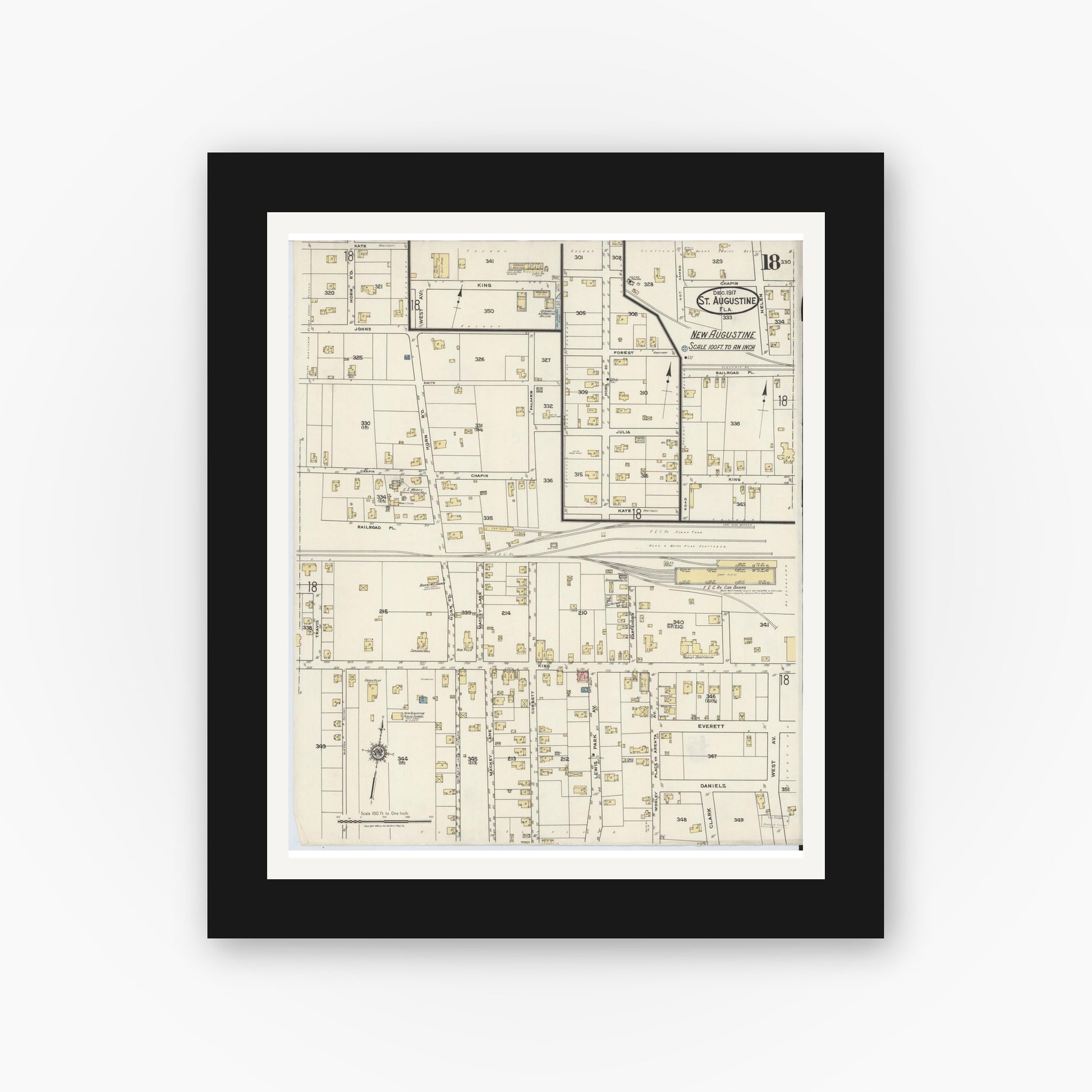 Old map wall art mockup — black gallery frame with white mat — Sanborn Fire Insurance Map from Saint Augustine, Saint John's County, Florida (1917), Sheet #0018