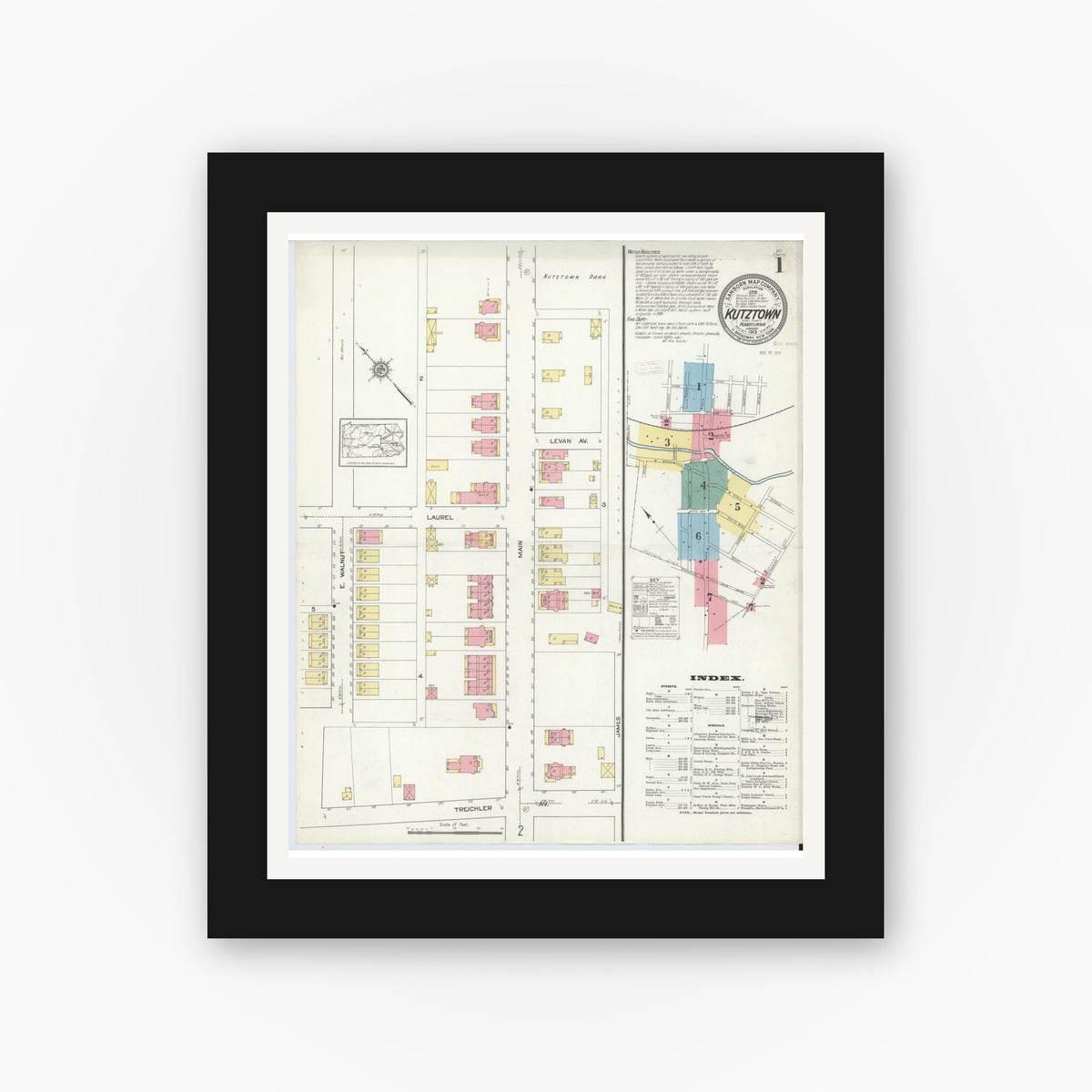 Old map wall art mockup — black gallery frame with white mat — Sanborn Fire Insurance Map from Kutztown, Berks County, Pennsylvania (1913), Sheet #0001